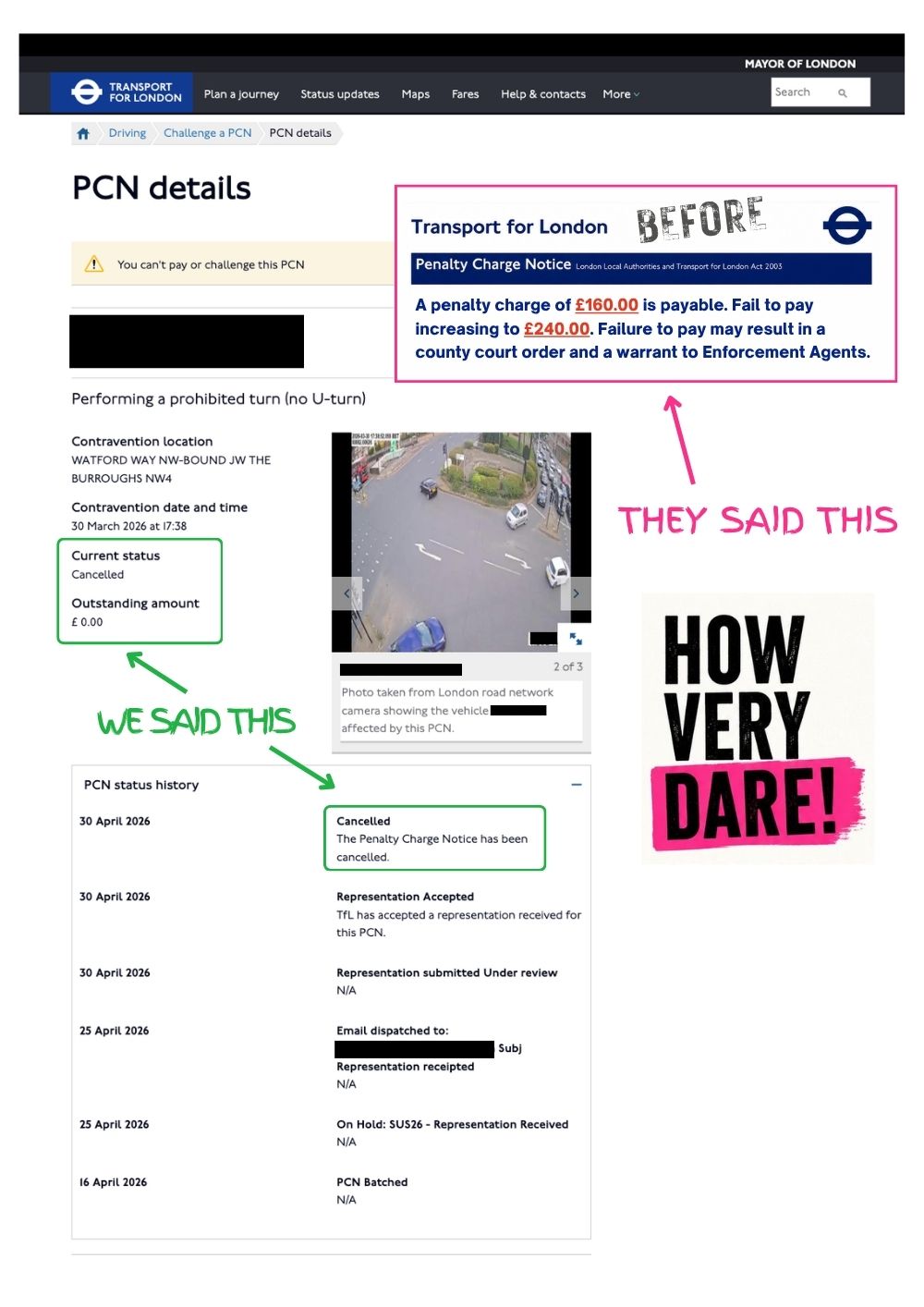 Real Transport for London penalty charge notice: a 160 pound charge challenged and cancelled to zero